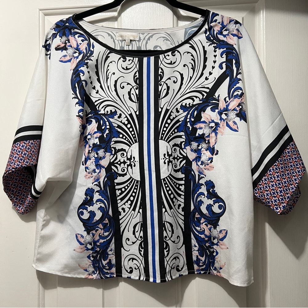 Jealous Tomato Blue White Black Boho Floral Ladies Top Large